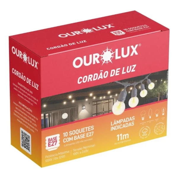 Cordão de Luz Bivolt 10 Soquetes 11M 120W IP65 Ourolux