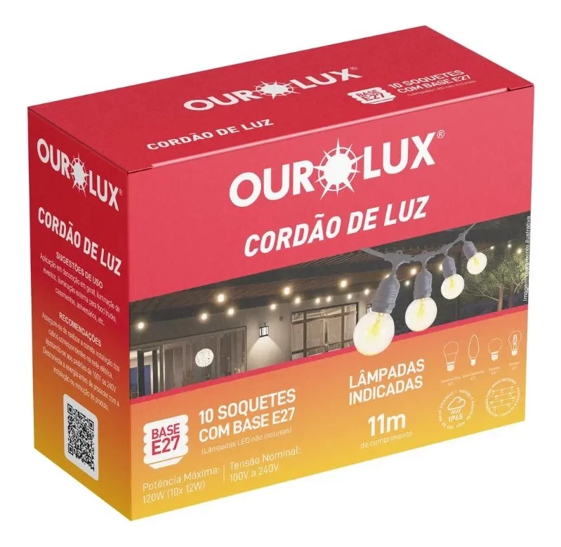 Cordão de Luz Bivolt 10 Soquetes 11M 120W IP65 Ourolux